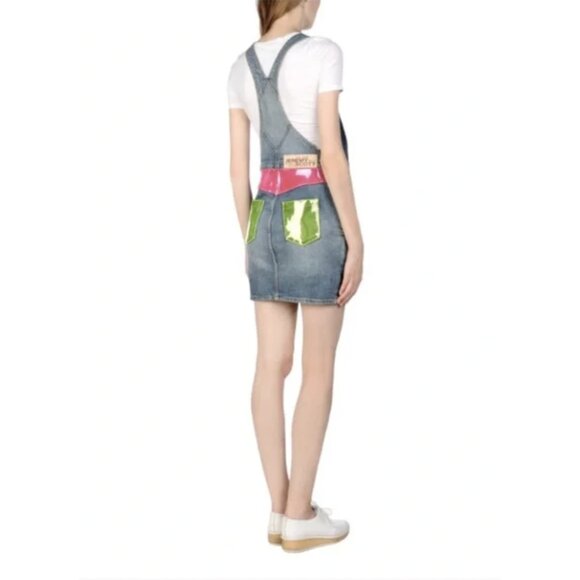 JEREMY SCOTT X MOSCHINO Neon Applique Denim Overall Dress Avant Garde Size US 6 - Picture 2 of 15
